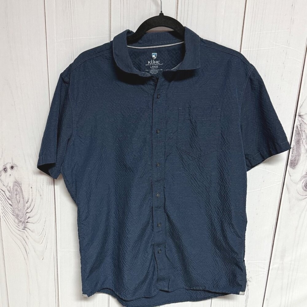 KÜHL Mens Riviera Shirt Large Blue Linen Blend Tapered Fit Short Sleeve EUC
